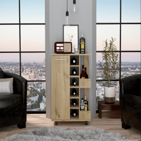 Bar Cart Wells, Four Casters, Six Wine Cubbies, Single Door Cabinet, Light Oak Finish