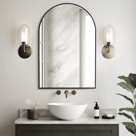 36"x24" Morden Right Angle Arched Black Alloy Aluminium Thin Framed Wall-Mounted Vanity Mirror Bathroom Vanity Mirror for Bedroom Entryway