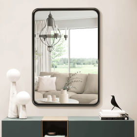 32"x22" Morden Right Angle Rectangle Alloy Aluminium Framed Black Wall-Mounted Bathroom Miiror Vanity Mirror