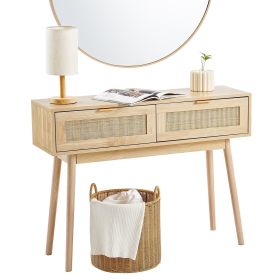 VEVOR Rattan Console Table with 2 Storage Drawers Rattan Sliding Door Natural