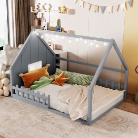 Full Size Wood House Bed with Window and Fence, Gray(Old SKU: WF304147AAE)