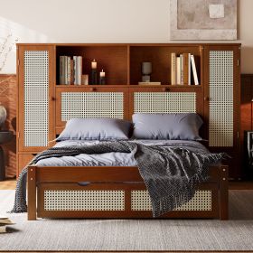 Twin Size Wooden Bed with Two Storage Lockers, Drawer, and Storage Shelf on Headboard, Multifunctional Platform Bed with Natural Rattan, Walnut