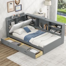 Wood Twin Size platform bed with Storage Headboard, Shelves and 2 Drawers, Gray