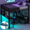 Full Size Metal Gaming Loft Bed with LED, Desk, Open Wardrobe and 3 Linen Storage Drawers, Black(ETA:1.23)