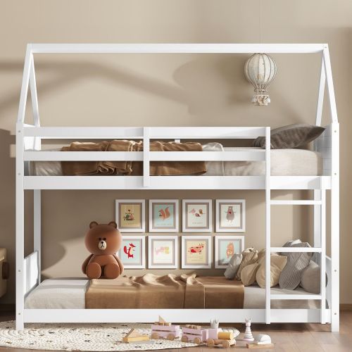 Twin Over Twin House Floor Bunk Bed with Headboards, Footboards and Guardrails, Ladder, Rubber Wood Bunk Bed with Safety Guardrails,White Twin Over Twin House Floor Bunk Bed with Headboards, Footboards and Guardrails, Ladder, Rubber Wood Bunk Bed with Safety Guardrails,White