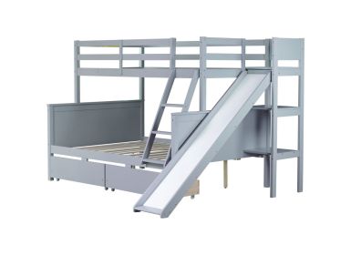 Twin over Full Bunk Bed with 2 Drawers, Slide, Shelves, Ladder, Rubber Wood Bunk Bed with Slide, Drawers,Grey(Old Sku:W504S00061)