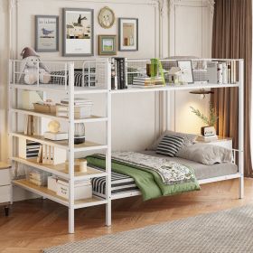 Twin Over Full Metal Bunk Bed with 5-Tier Shelves, White