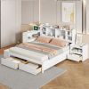 Full Size Wooden platform bed with Multi-functional Storage Space, Nightstand, 2 Drawers, USB Ports and Desk, White