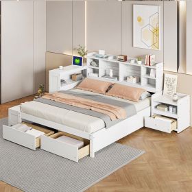 Full Size Wooden platform bed with Multi-functional Storage Space, Nightstand, 2 Drawers, USB Ports and Desk, White