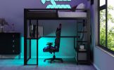 Full Size Metal Gaming Loft Bed with LED, Desk, Open Wardrobe and 3 Linen Storage Drawers, Black(ETA:1.23)