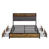 Full Size Bed Frame, Storage Headboard with Charging Station and 4 Storage Drawers,LED Lights , Brown and Gray