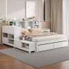 Full Size Wooden platform bed with Multi-functional Storage Space, Nightstand, 2 Drawers, USB Ports and Desk, White