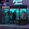 Full Size Metal Gaming Loft Bed with LED, Desk, Open Wardrobe and 3 Linen Storage Drawers, Black(ETA:1.23)