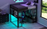 Full Size Metal Gaming Loft Bed with LED, Desk, Open Wardrobe and 3 Linen Storage Drawers, Black(ETA:1.23)