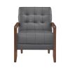 Modern Style Accent Chair Gray Leather Upholstered Tufted Detail Walnut Finish Wood Furniture 1pc