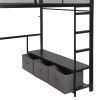 Full Size Metal Gaming Loft Bed with LED, Desk, Open Wardrobe and 3 Linen Storage Drawers, Black(ETA:1.23)