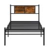 Twin Size metal bedframe, Headboard with wood panel decoration, black