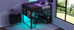 Full Size Metal Gaming Loft Bed with LED, Desk, Open Wardrobe and 3 Linen Storage Drawers, Black(ETA:1.23)