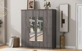 4-Door Mirror Wardrobe with shelves, Gray