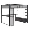 Full Size Metal Gaming Loft Bed with LED, Desk, Open Wardrobe and 3 Linen Storage Drawers, Black(ETA:1.23)