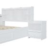 Full Size Wooden platform bed with Multi-functional Storage Space, Nightstand, 2 Drawers, USB Ports and Desk, White