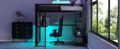 Full Size Metal Gaming Loft Bed with LED, Desk, Open Wardrobe and 3 Linen Storage Drawers, Black(ETA:1.23)