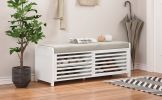 TREXM Distressed Shutter Storage Bench with Acacia Veneer for Retro Charm for Living Room, Entryway (White)