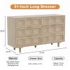 Rattan 6 Drawer Dresser for Bedroom, Wood Dresser & Chest of Drawers with Metal Handles 51"