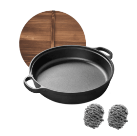 WANGYUANJI 11Cast Iron Wok With Dual Handles And Wooden Lid, Uncoated Frying Pan For Gas And IH, Chinese Thickened Pancake Pan, Stir-frying And I (Color: Black)