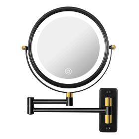 8.6" Wall Mounted Makeup Mirror with LED Lights, Double Sided 1X/10X Magnifying Mirror, 360¬∞ Swivel Bathroom Vanity Mirror with Extension Arm (Color: Black + Gold)