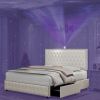 Queen size bed frame with 4 drawers, Star Galaxy Projector, USB Charger, Music Speaker, Adjustable Upholstered Headboard with Diamond Button,Velvet